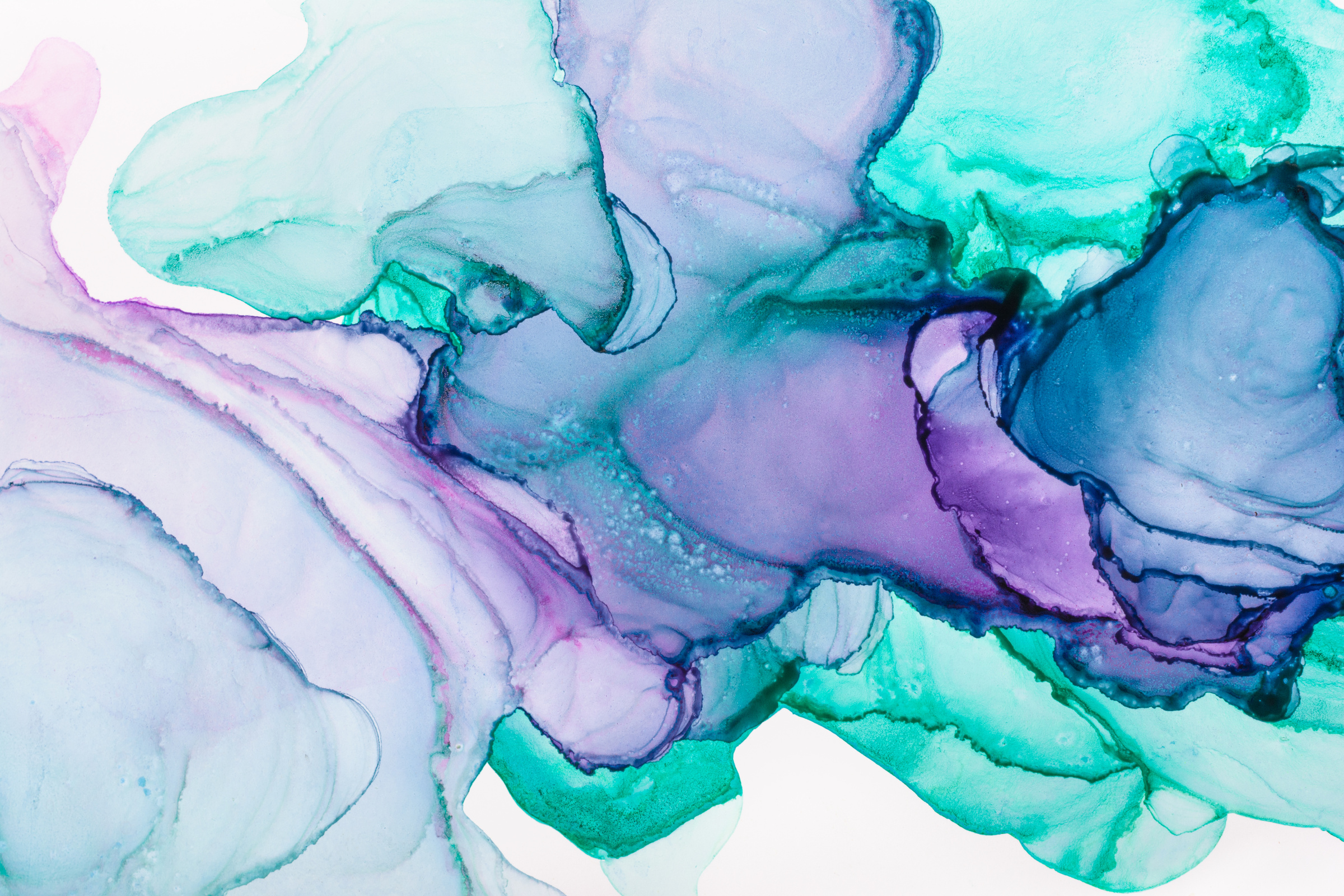 Closeup of mixed turquoise and purple abstract texture on white, trendy wallpaper.